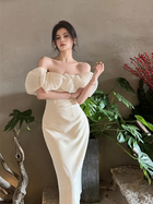 Off-Shoulder Puff-Sleeve Satin Fitted Party Dress — Light Beige — view 2