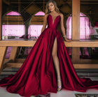 Women's Deep V-Neck Maxi Wedding Dress with Slit - Red