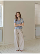 French Ramie Lyocell Notch Collar Blouse, Tailored Short Sleeve Button-Down Shirt for Women, Office Casual Retro Top