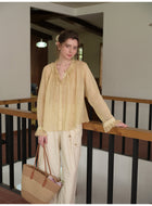 French Ruffle Neck Tencel Linen Long Sleeve Blouse