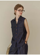 Tencel Linen Denim Sleeveless Button-Down Vest Shirt