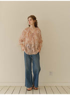 French Style Irregular Ruffle Chiffon Blouse Women 3/4 Sleeve Summer Casual Top