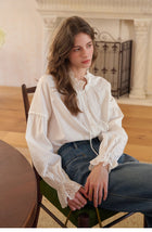 Women's French Tencel Cotton Lace Blouse | Ruffle Neck Tie Shirt