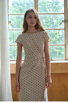 French Polka Dot Linen Blend Ruched Waist Midi Dress