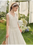 Women's Vintage Lace Jacquard Maxi Dress | Sleeveless White Tank Dress