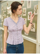 French Linen Cotton Lace V-Neck Two-Piece Set