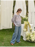 Vintage Linen Lace Square Neck Blouse Women 3/4 Sleeve Bohemian Top