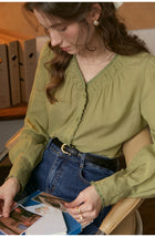 French Ruffled V-Neck Lyocell Linen Blouse