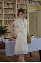 Embroidered Cotton Two-Piece Set Peter Pan Collar Blouse & Midi Skirt