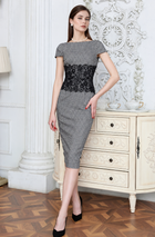 Lace-Waist Houndstooth Pencil Midi Dress - Short Sleeves