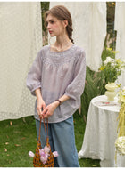 Vintage Linen Lace Square Neck Blouse Women 3/4 Sleeve Bohemian Top