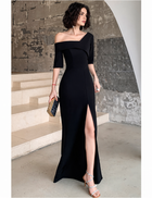 Black One-Shoulder Slit Maxi Dress - Black