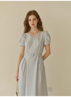 Women's French Lace V-Neck Midi Dress | Belted Puff Sleeve Cotton Blend Dress
