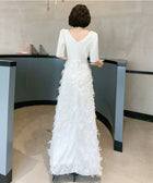 White V-Neck Fringe Short-Sleeve Maxi Dress - garment detail