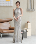 Silver Halter Beaded Tassel Mermaid Maxi Dress - Silver