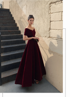 Burgundy Off-Shoulder Velvet Lace-Up Maxi Dress - Burgundy Velvet / Long