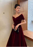 Burgundy Off-Shoulder Velvet Lace-Up Maxi Dress - Burgundy Velvet / Long