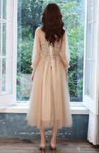 Champagne Embellished Three-Quarter-Sleeve Midi Dress - garment detail