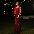 Sequin Fringe Evening Dress with Sheer Sleeves — Burgundy — view 3