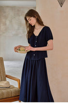 Vintage Commute Women French Elegant V Neck Linen Two Piece Set Matching Cropped Top and Skirt Retro Temperament Outfit Daily Casual Linen Matching Set