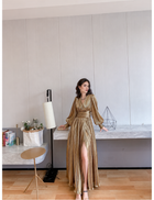 Metallic Deep V-Neck Slit Evening Gown - Gold