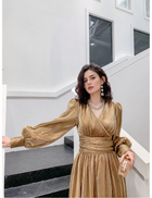 Metallic Deep V-Neck Slit Evening Gown - Gold