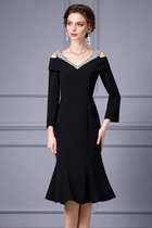 Embellished Off-Shoulder Fishtail Midi Dress - Black / Three-quarter Sleeves