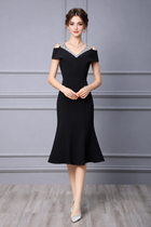 Embellished Off-Shoulder Fishtail Midi Dress - Black