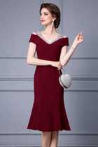 Embellished Off-Shoulder Fishtail Midi Dress - Burgundy
