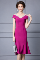 Embellished Off-Shoulder Fishtail Midi Dress - Magenta