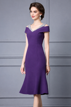 Embellished Off-Shoulder Fishtail Midi Dress - Purple