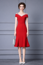 Embellished Off-Shoulder Fishtail Midi Dress - Red