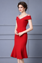 Embellished Off-Shoulder Fishtail Midi Dress - Red