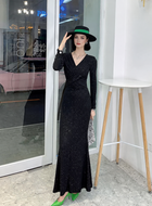 Shimmer Long-Sleeve Wrap Maxi Dress - Black