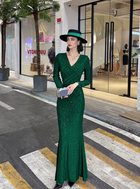 Shimmer Long-Sleeve Wrap Maxi Dress - Green
