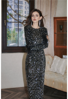 Long-Sleeve Sequin Feather-Cuff Midi Dress - Black
