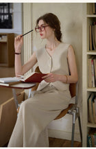 French Commuter V-Neck Linen Vest & Wide-Leg Pants Two-Piece Set