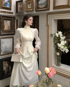 Ivory High-Neck Long-Sleeve A-Line Midi Dress, ivory, front view