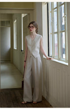 French Commuter V-Neck Linen Vest & Wide-Leg Pants Two-Piece Set