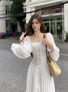 White Square-Neck Puff-Sleeve Long Dress, white, additional view