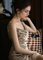 Gold Cowl-Neck Sequin Mermaid Evening Gown - Gold