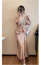 Beaded V-Neck Puff-Sleeve Satin Maxi Dress - garment detail