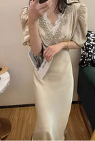 Beaded V-Neck Puff-Sleeve Satin Maxi Dress - garment detail