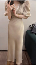Beaded V-Neck Puff-Sleeve Satin Maxi Dress - garment detail