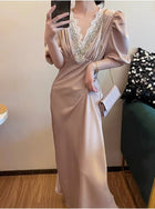 Beaded V-Neck Puff-Sleeve Satin Maxi Dress - garment detail