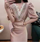 Beaded V-Neck Puff-Sleeve Satin Maxi Dress - garment detail