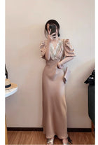 Beaded V-Neck Puff-Sleeve Satin Maxi Dress - garment detail