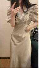 Beaded V-Neck Puff-Sleeve Satin Maxi Dress - garment detail