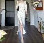 White Square-Neck Satin Slit Maxi Dress - White / Long Sleeves