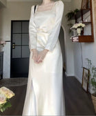 White Square-Neck Satin Slit Maxi Dress - White / Long Sleeves
